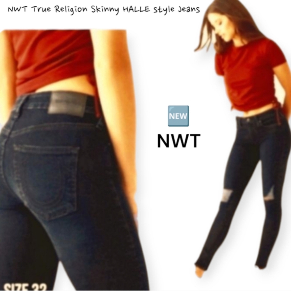 NWT True Religion HALLE Style Deep Blue Denim Distressed Skinny Jeans Size 32